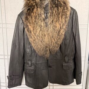 Black Leather Jacket with real Fur Collar